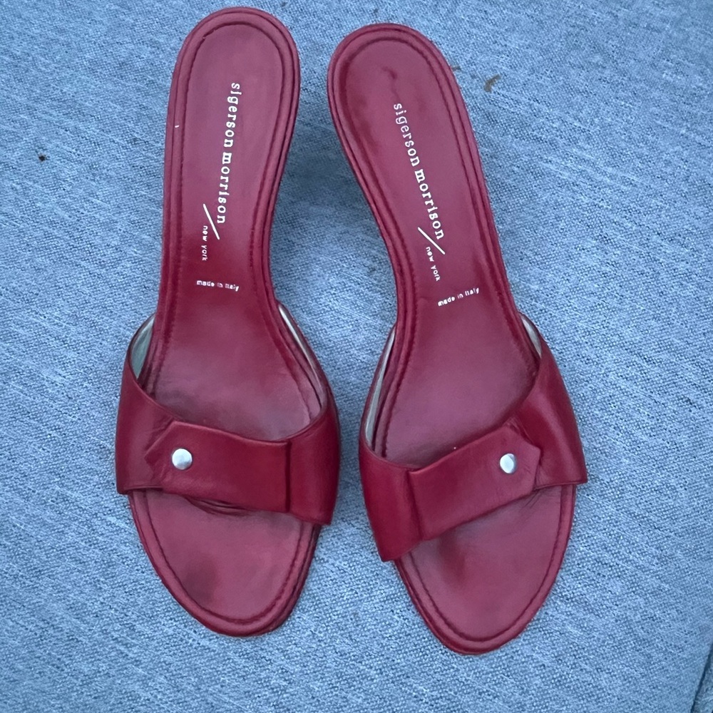 Sigerson Morrison red leather kitten heel sandal.  Size 10